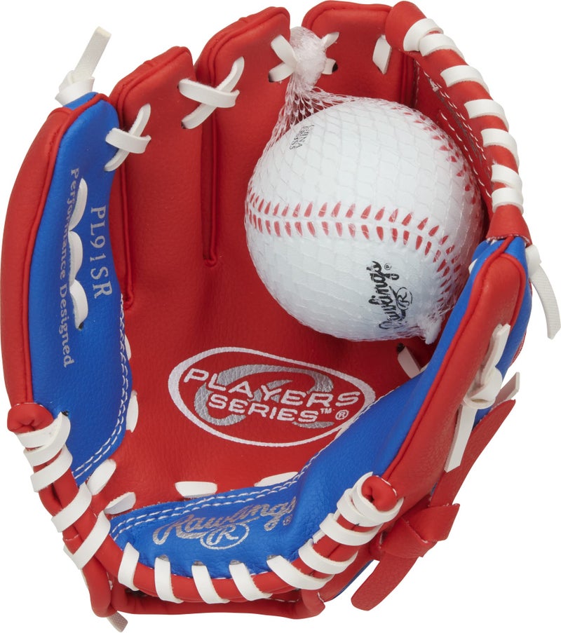 Rawlings رولينغز | سلسلة اللاعبين قفاز كرة البيسبول للأطفال والشباب | رمي باليد اليسرى | 9" | أحمر/أزرق مع كرة - Image 3